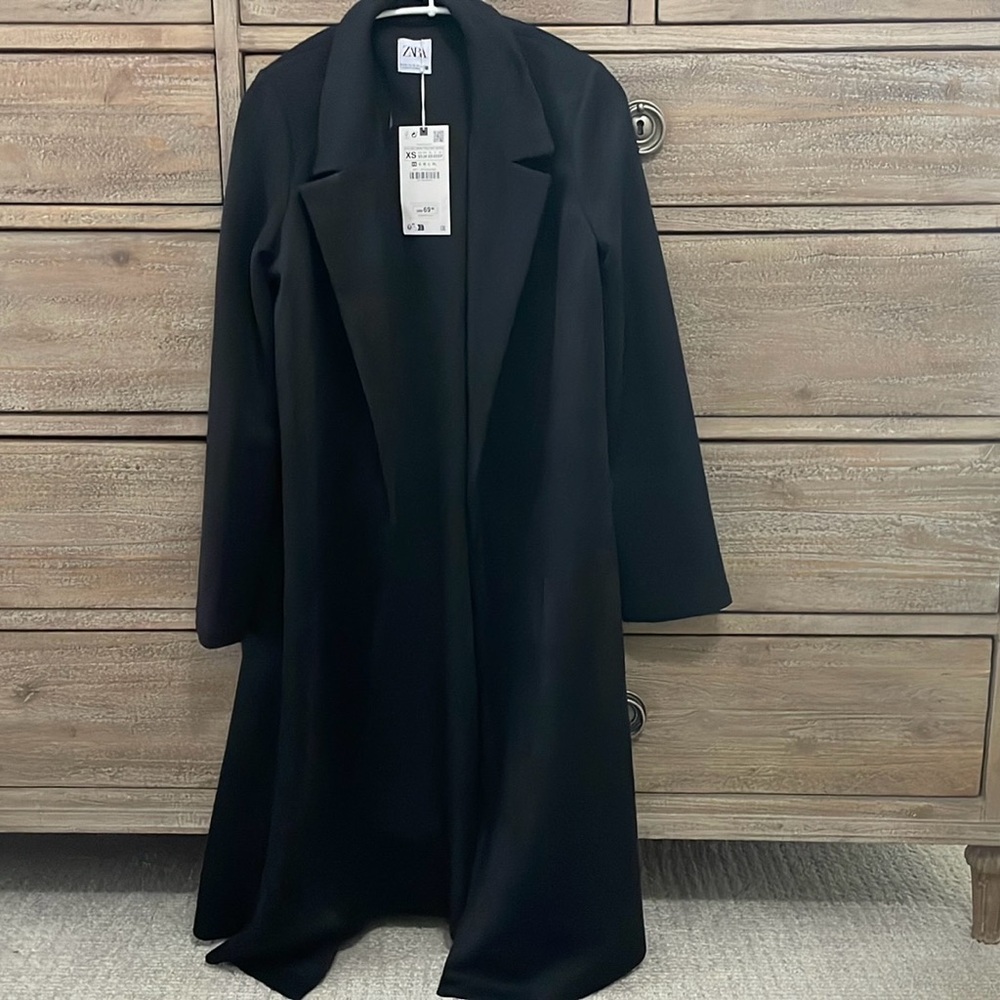 NWT Zara long microfiber faux suede black coat xs